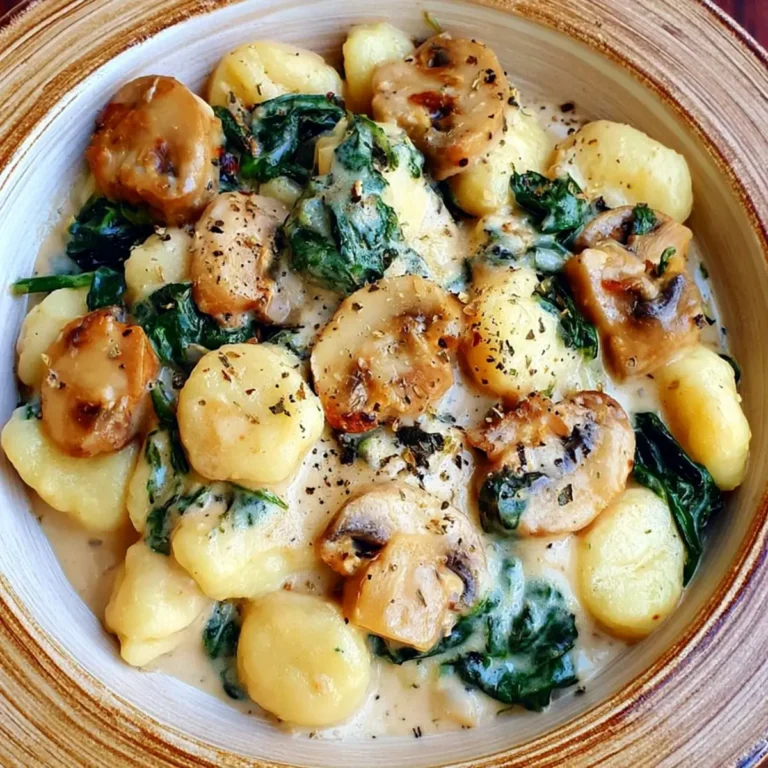 Gnocchi z pieczarkami i szpinakiem w sosie śmietanowym
