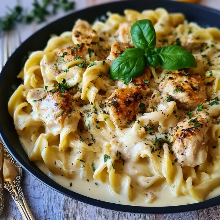 Kremowy makaron z kurczakiem, czosnkiem i parmezanem