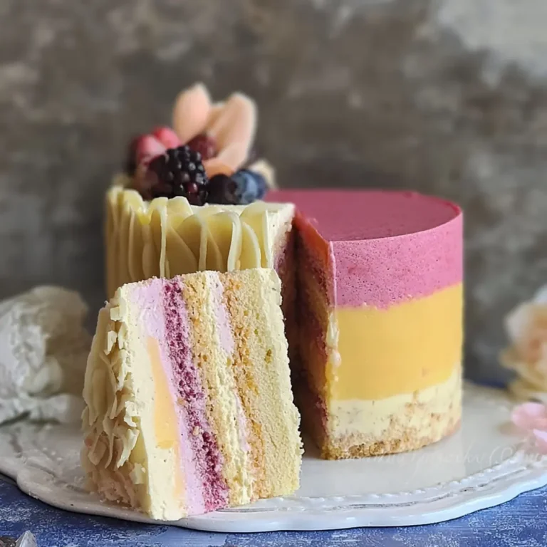 Tort z musem malinowym, mango i owoców leśnych